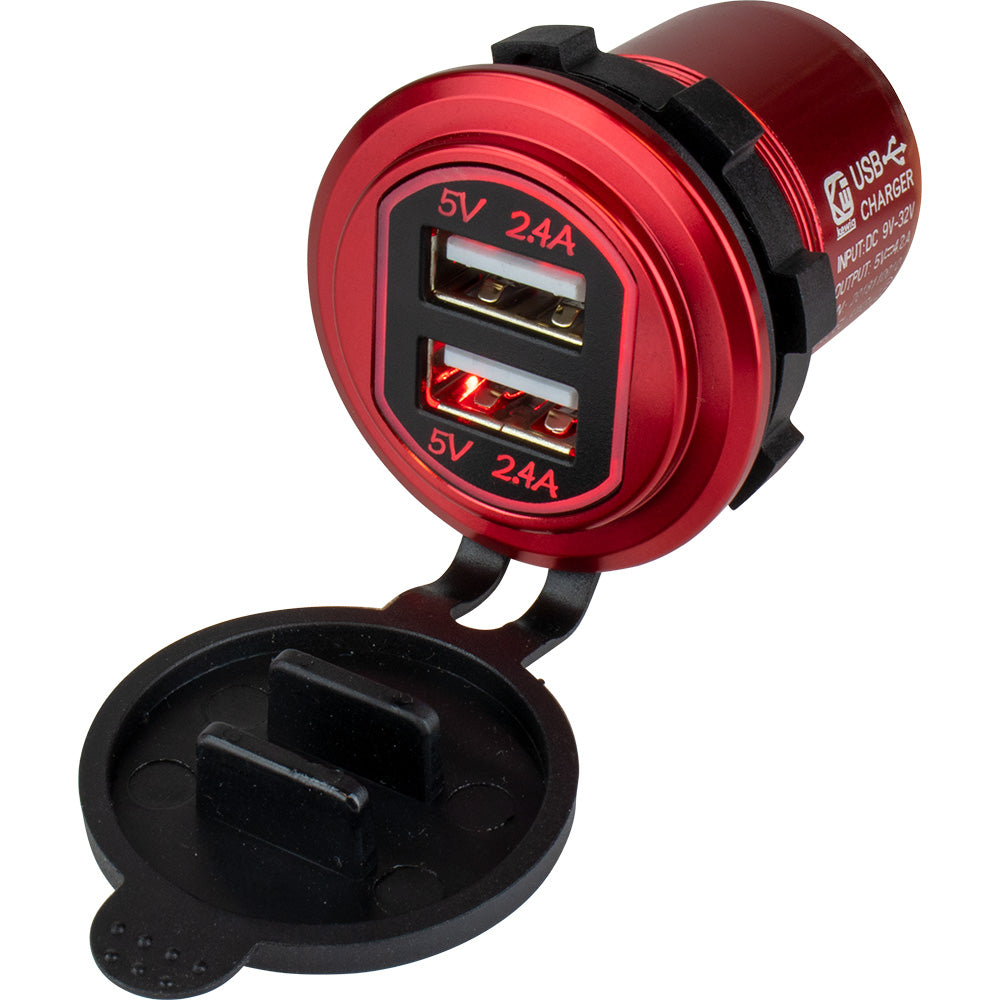 Sea-Dog Round Red Dual USB Charger w/1 Quick Charge Port +