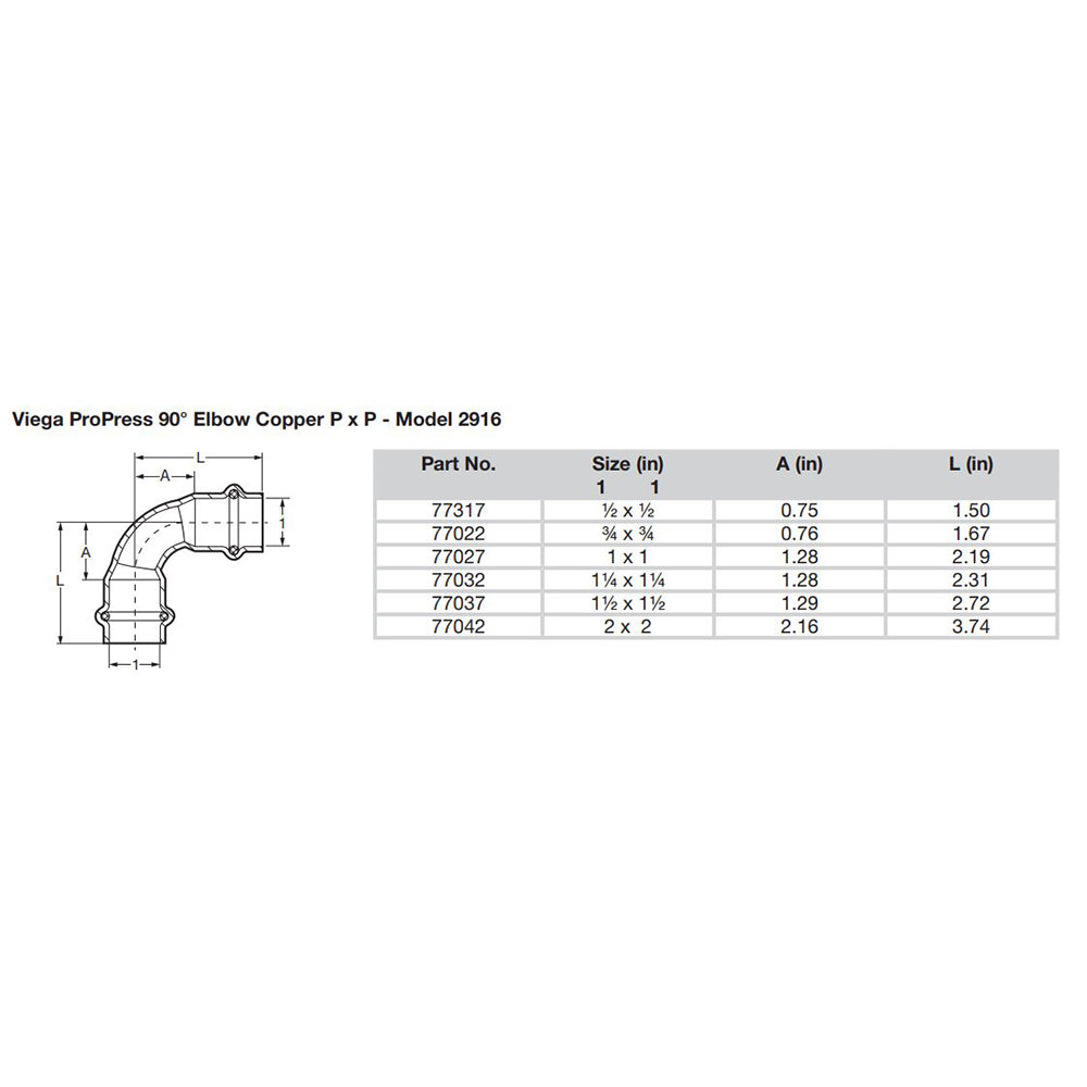 Viega ProPress 1/2" - 90 Copper Elbow - Double Press Connection - Smart Connect Technology