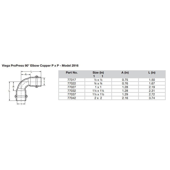 Viega ProPress 1/2" - 90 Copper Elbow - Double Press Connection - Smart Connect Technology