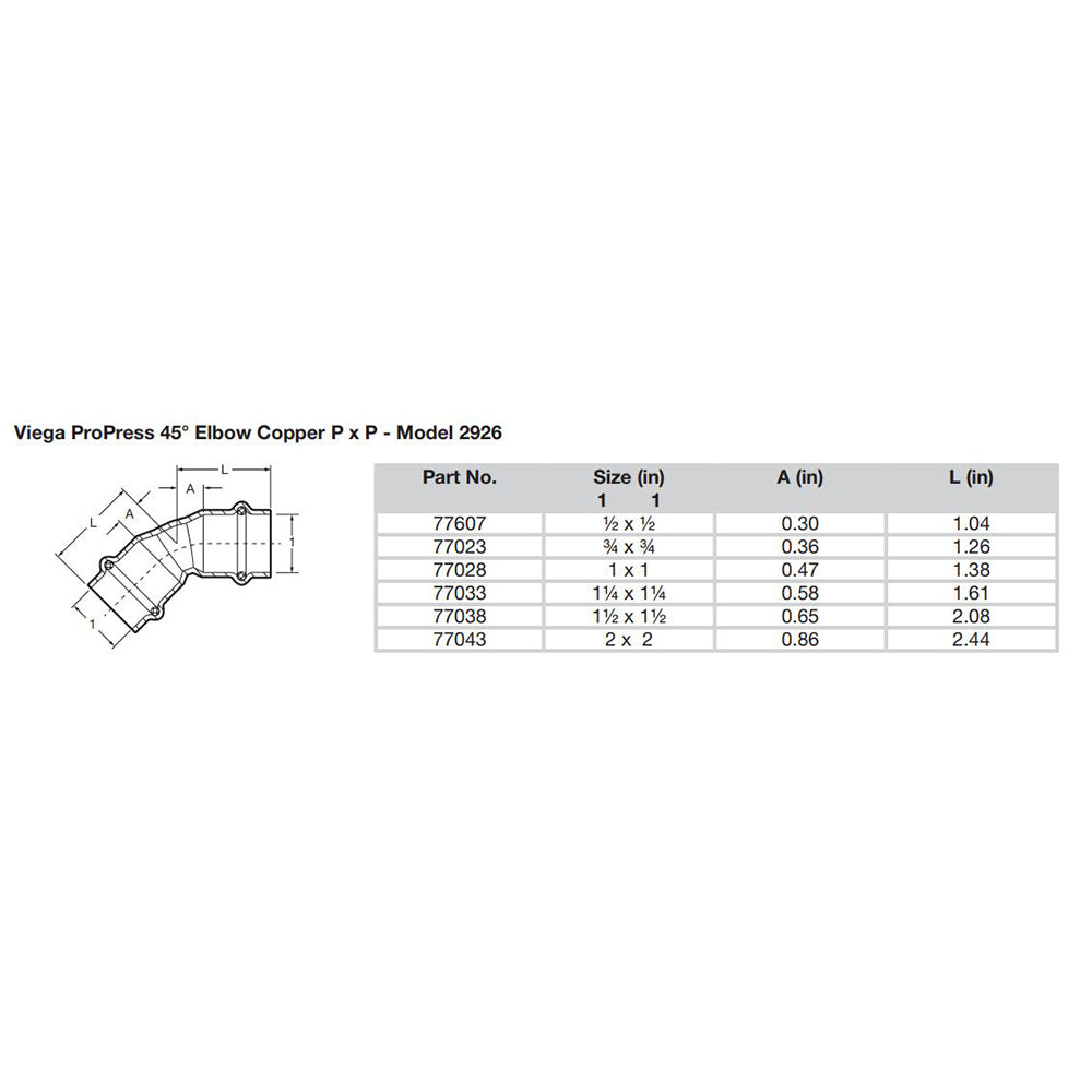 Viega ProPress 3/4" - 45 Copper Elbow - Double Press Connection - Smart Connect Technology