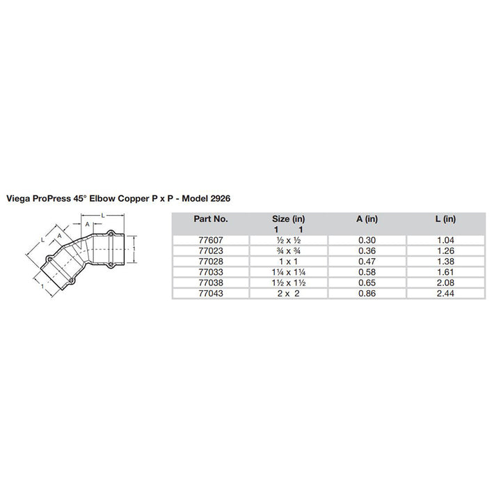 Viega ProPress 3/4" - 45 Copper Elbow - Double Press Connection - Smart Connect Technology