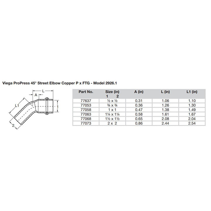 Viega ProPress 1/2" - 45 Copper Elbow - Street/Press Connection