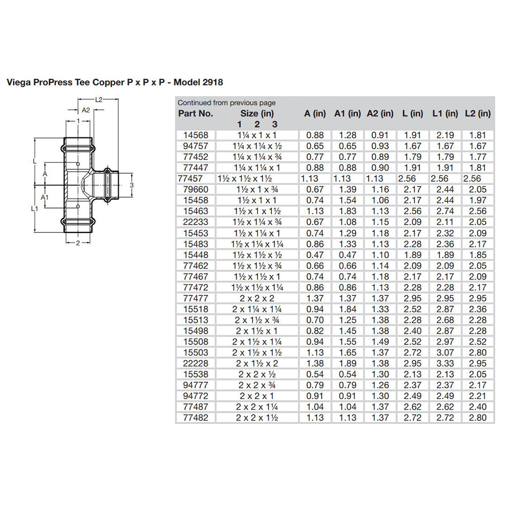 Viega ProPress 1-1/2" Copper Tee - Triple Press Connection - Smart Connect Technology