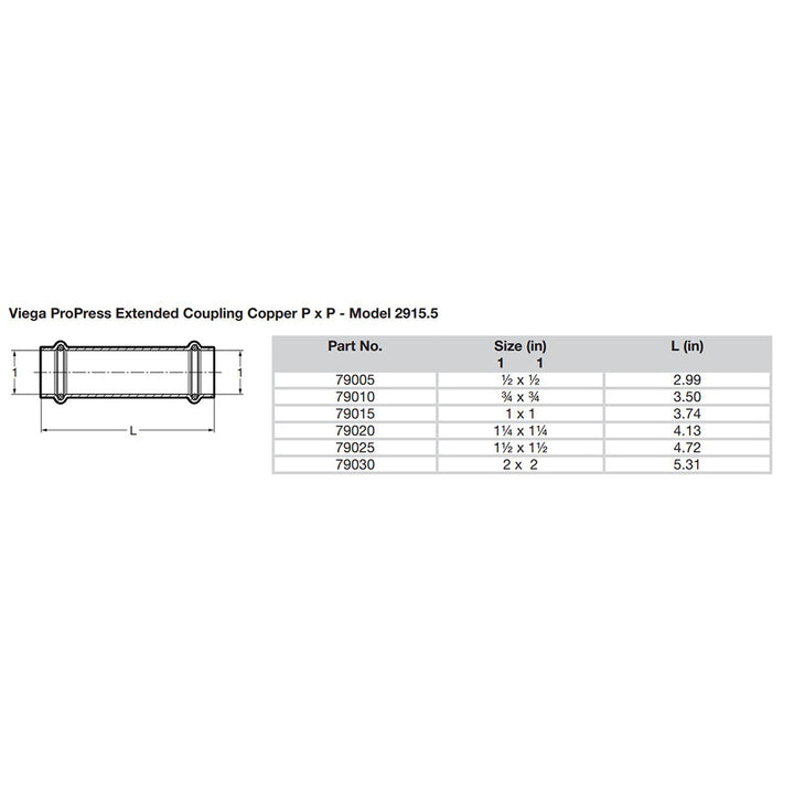 Viega ProPress 1/2" Extended Coupling w/o Stop - Double Press Connection - Smart Connect Technology