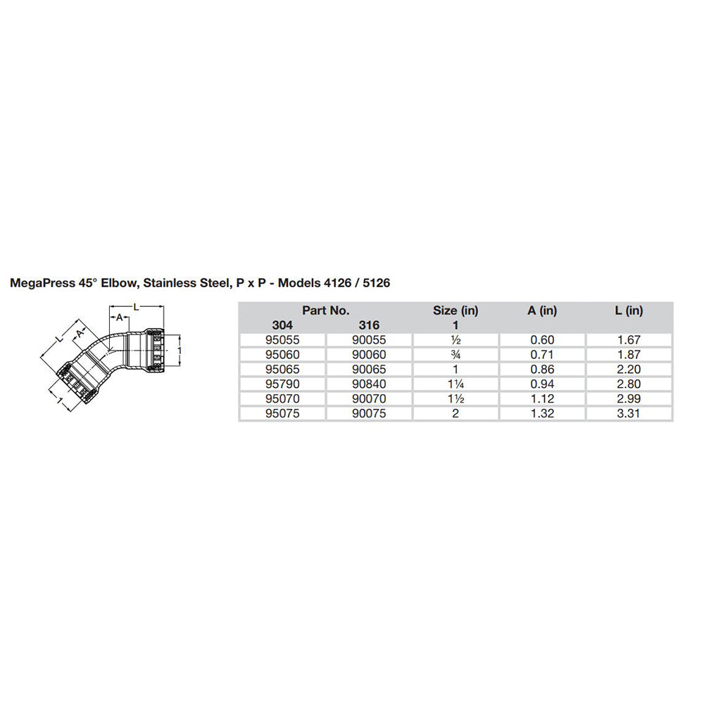 Viega MegaPress 1" 45 Stainless Steel 304 Elbow - Double Press Connection - Smart Connect Technology