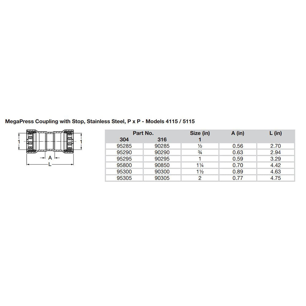 Viega MegaPress 1-1/2" Stainless Steel 304 Coupling w/Stop - Double Press Connection - Smart Connect Technology