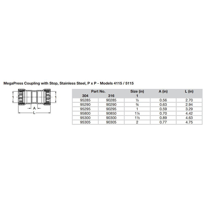 Viega MegaPress 1-1/2" Stainless Steel 304 Coupling w/Stop - Double Press Connection - Smart Connect Technology