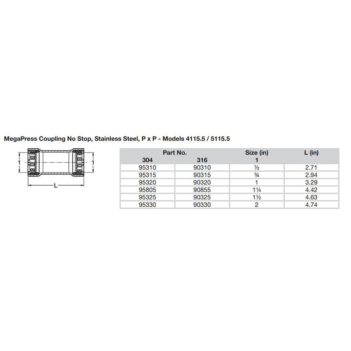 Viega MegaPress 1-1/2" Stainless Steel 304 Coupling w/o Stop - Double Press Connection - Smart Connect Technology